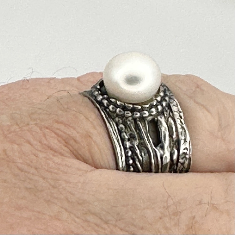 Sterling Silver & Pearl Wide Band Ring size 7 - Picture 10 of 11